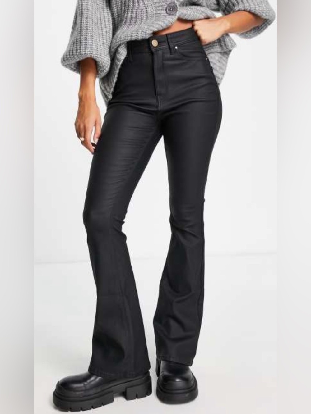 NWT River Island High Rise Coated Flare Jeans Black Size, US 10/UK 14R